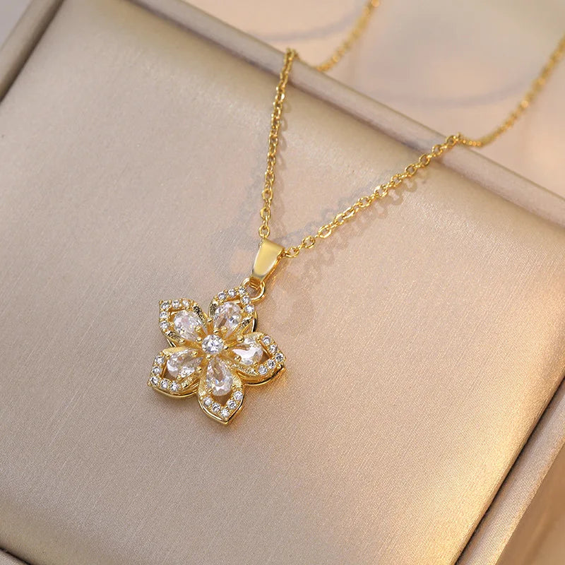 Gold Color Zircon Flower Pendant Necklace for Women – Stainless Steel Chain