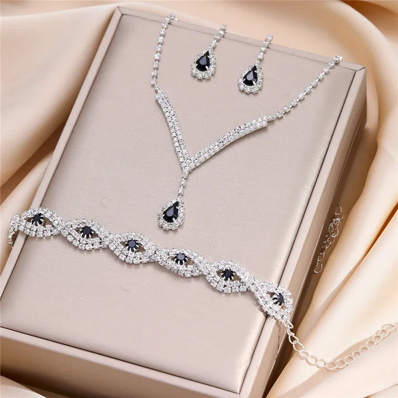 Black Water Drop Rhinestone Jewelry Set – V Necklace & Earrings for Women