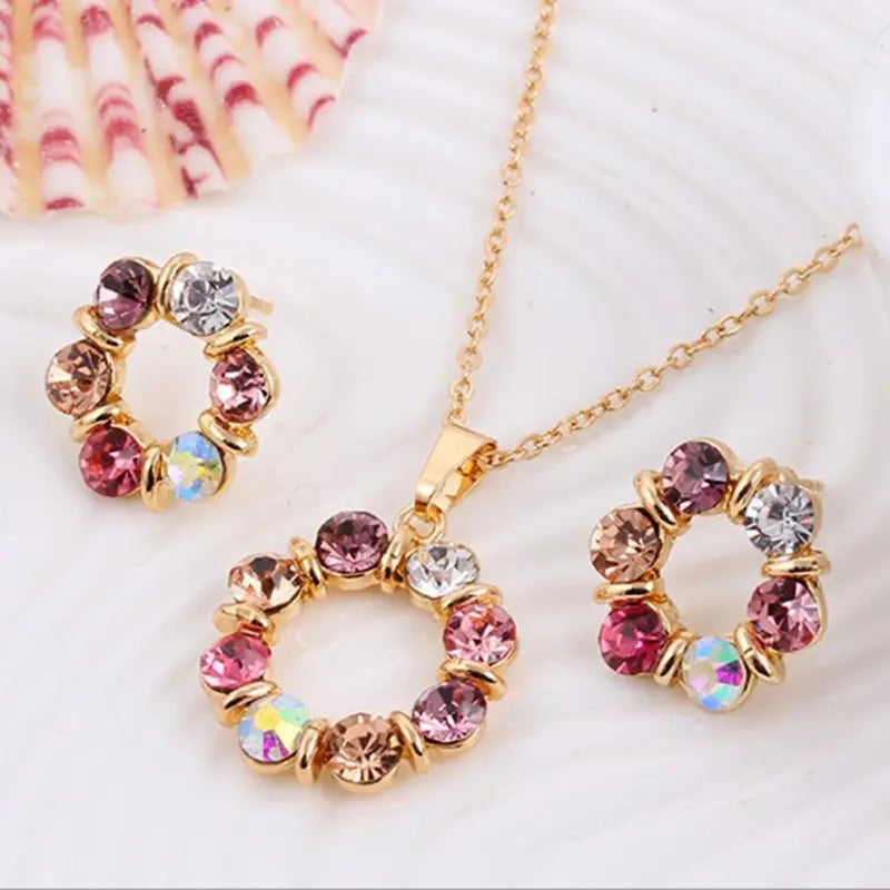 3-Piece Gold Necklace & Earrings Set for Women – Glass Diamond Circle Wedding Jewelry