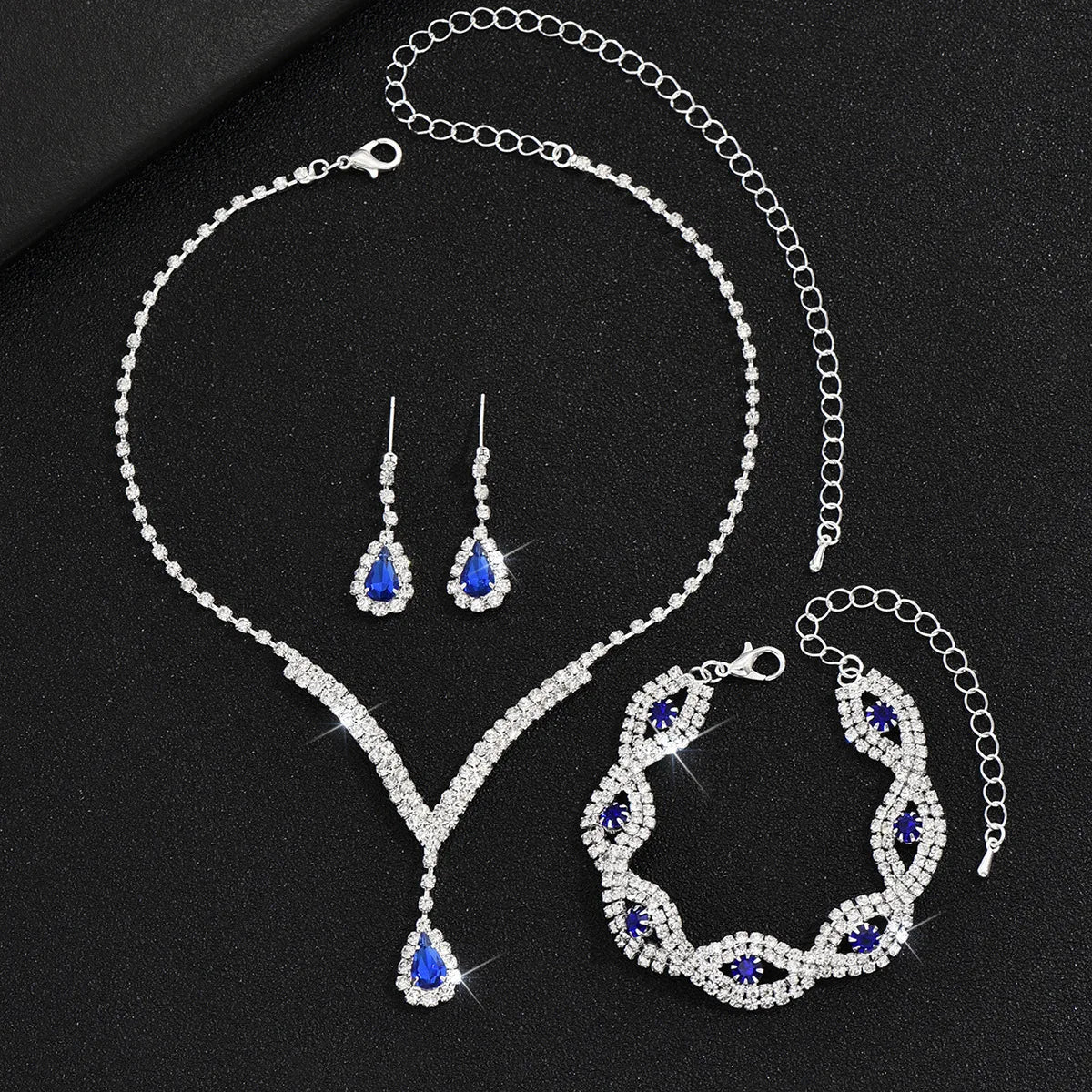 Black Water Drop Rhinestone Jewelry Set – V Necklace & Earrings for Women