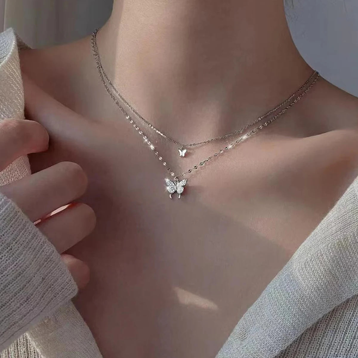 Double Layer Butterfly Necklace for Women – Sparkling Zinc Alloy Chain Jewelry
