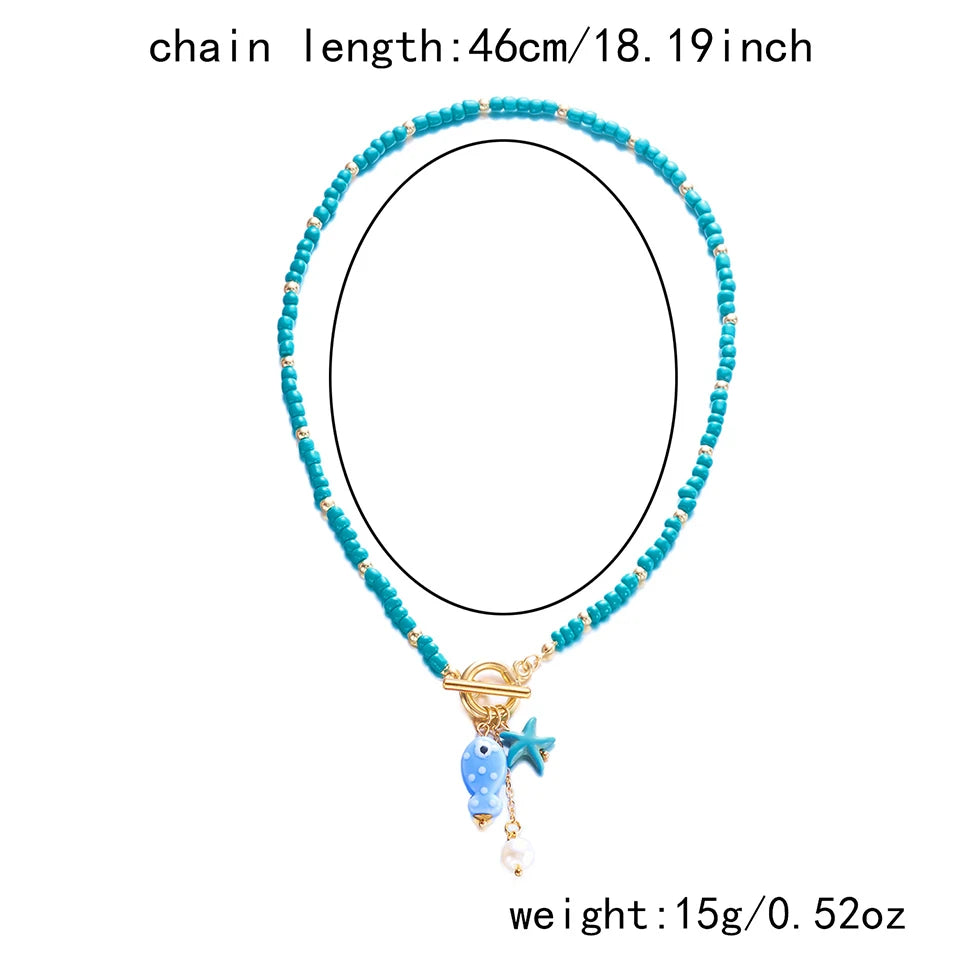 Bohemian Ceramic Fish & Starfish Pendant Necklace – Rainbow Bead Beach Jewelry