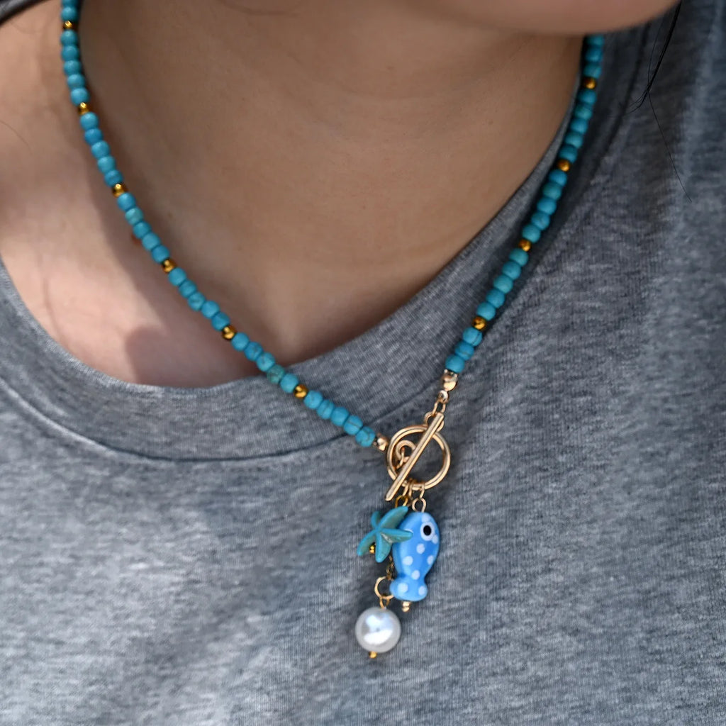 Bohemian Ceramic Fish & Starfish Pendant Necklace – Rainbow Bead Beach Jewelry