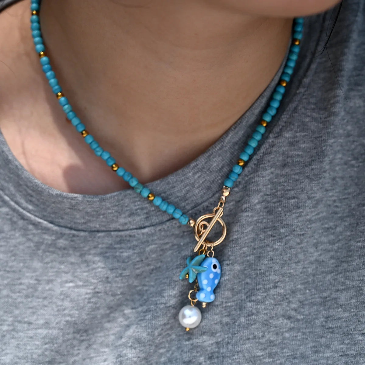 Bohemian Ceramic Fish & Starfish Pendant Necklace – Rainbow Bead Beach Jewelry