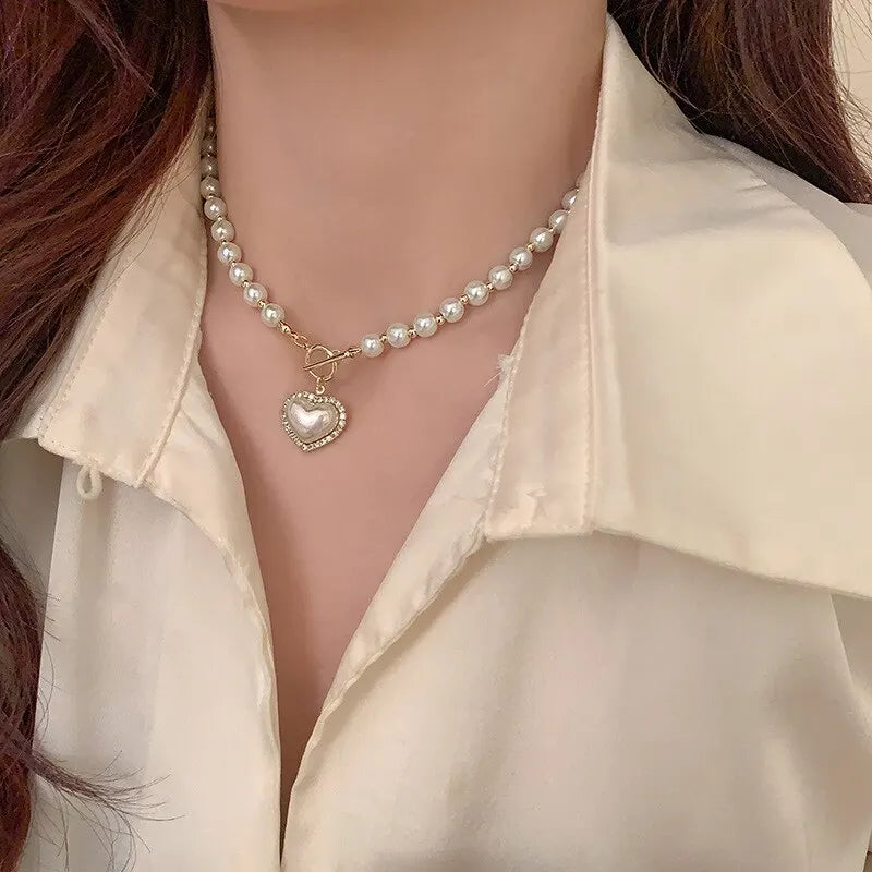 Elegant Pearl Heart Pendant Necklace for Women – Simulated Pearl Korean Jewelry