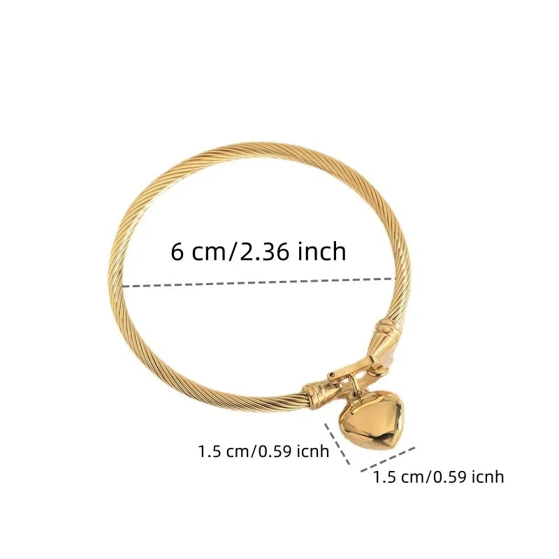 18K Gold Color Stainless Steel Heart Pendant Bangle Bracelet for Men & Women