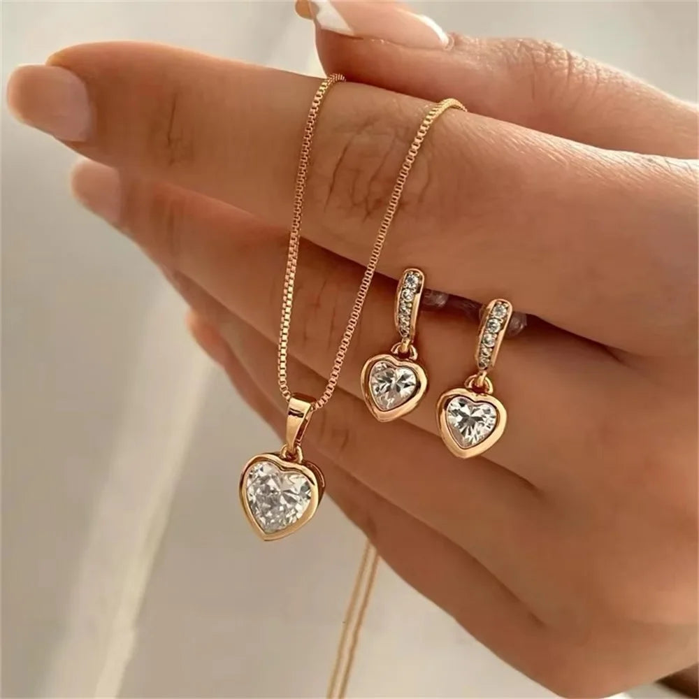 3-Piece Heart Pendant Jewelry Set for Women – Necklace & Earrings with Rhinestones