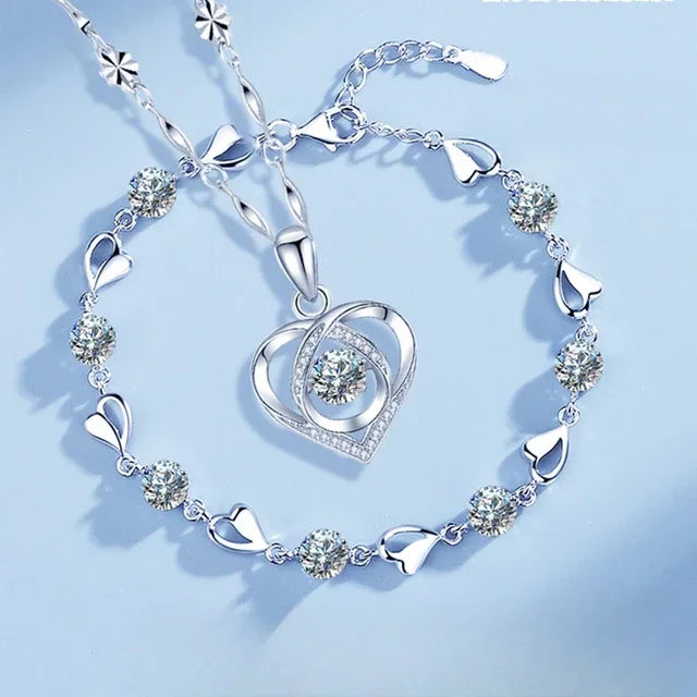 925 Sterling Silver Heart Necklace & Bracelet Set for Women – Crystal Party Jewelry
