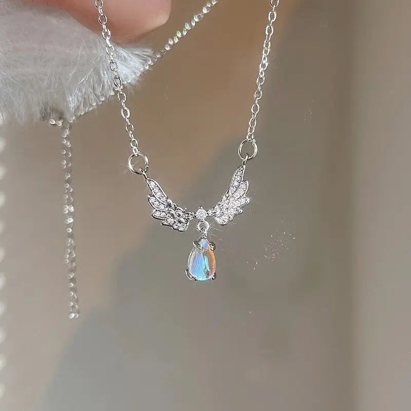 Angel Wings Pendant Necklace for Women – Moonstone Rhinestone Collarbone Jewelry