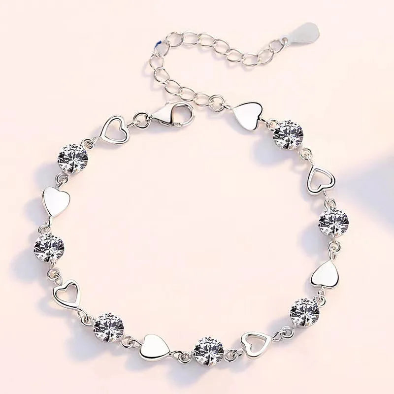 925 Sterling Silver Heart Necklace & Bracelet Set for Women – Crystal Party Jewelry