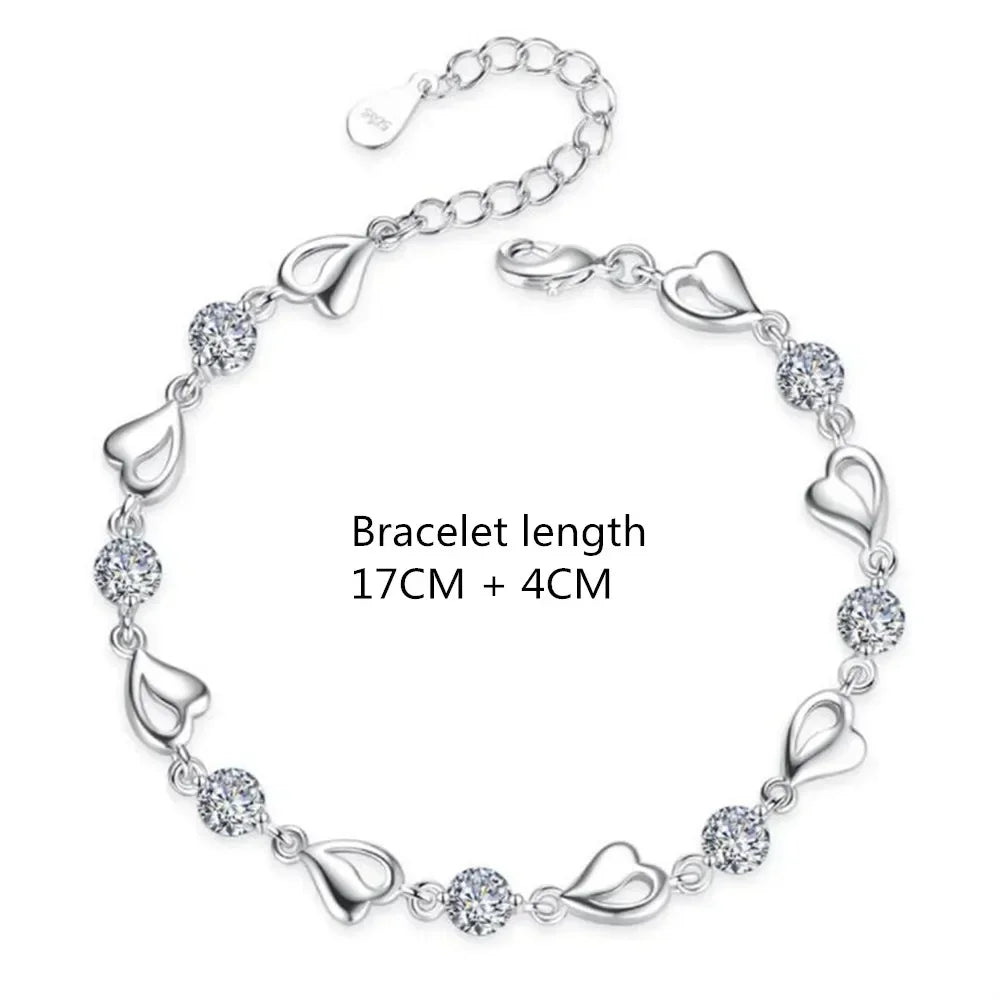 925 Sterling Silver Heart Necklace & Bracelet Set for Women – Crystal Party Jewelry