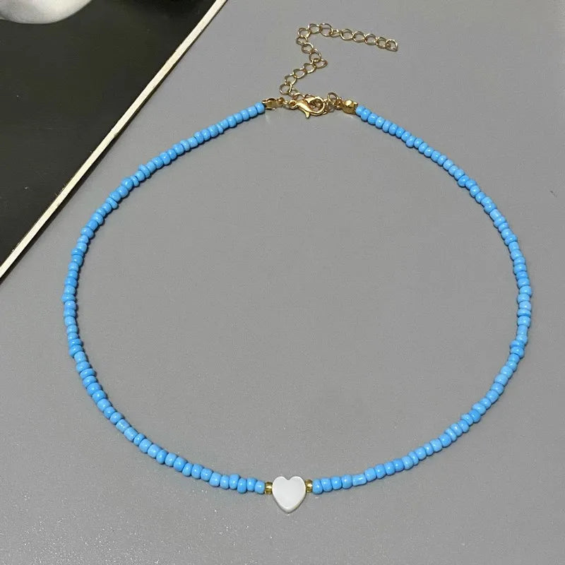 Colorful Glass Bead Heart Choker Necklace for Girls – Shell Pendant Trendy Jewelry