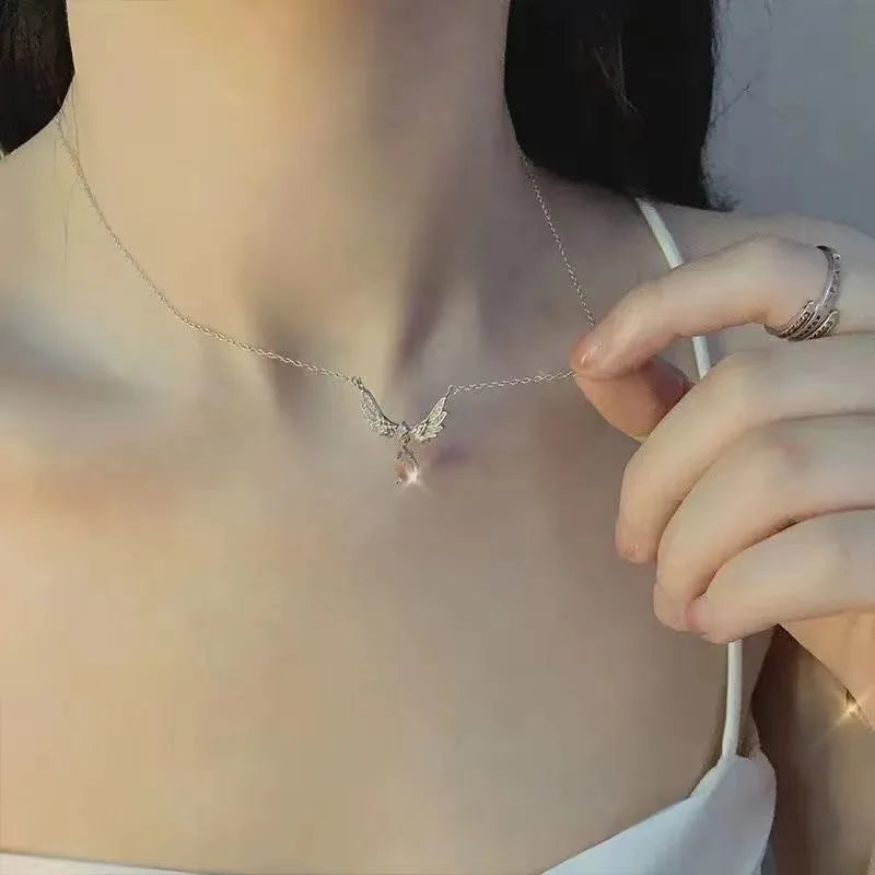 Angel Wings Pendant Necklace for Women – Moonstone Rhinestone Collarbone Jewelry