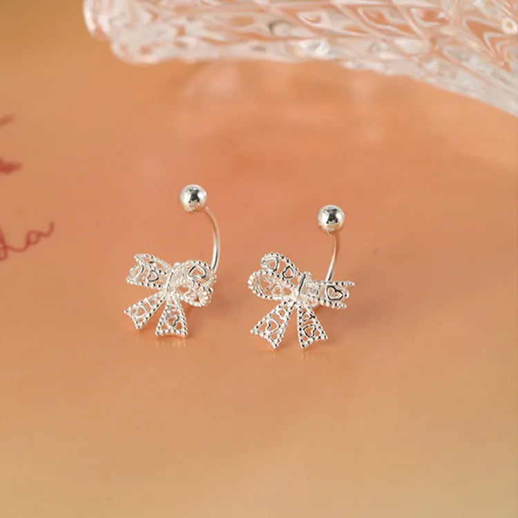 925 Sterling Silver Lace Heart Bow Stud Earrings for Women – Romantic Jewelry