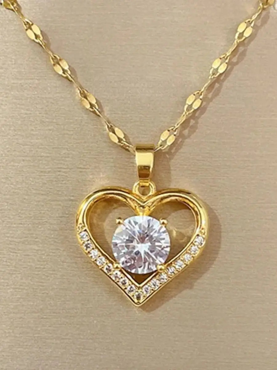 Heart Pendant Necklace for Women – Gold Chain with Zircon Gems, Classic Jewelry