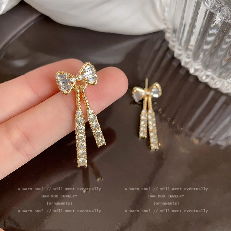 Gold Bow Stud Earrings for Women – Rhinestone Dainty Fashion Jewelry