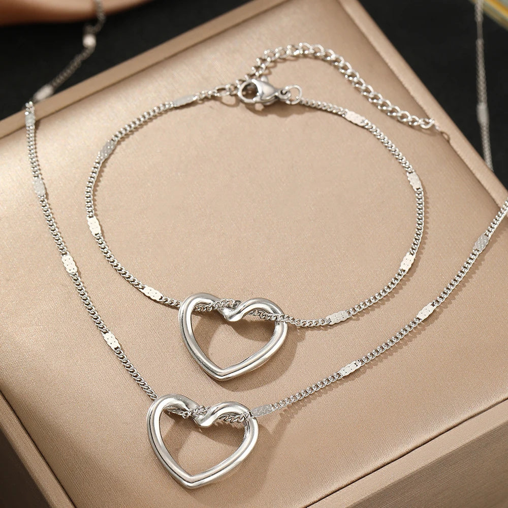 Stainless Steel Twisted Heart Jewelry Set – Necklace, Earrings & Bracelet for Women
