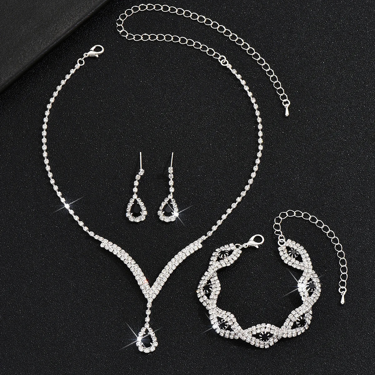 Black Water Drop Rhinestone Jewelry Set – V Necklace & Earrings for Women