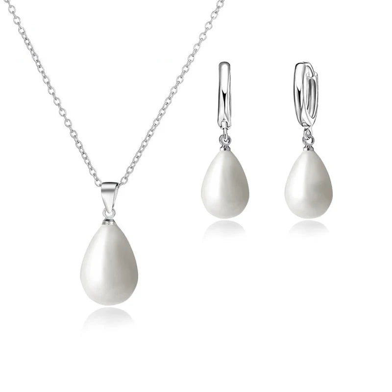 Sterling Silver Color Pearl Jewelry Set – Teardrop Pendant Necklace & Hoop Earrings